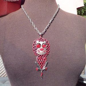 Large Red and Silver Lion Pendant on 20" Link Alloy Chain, Large Retro 1970s Sty